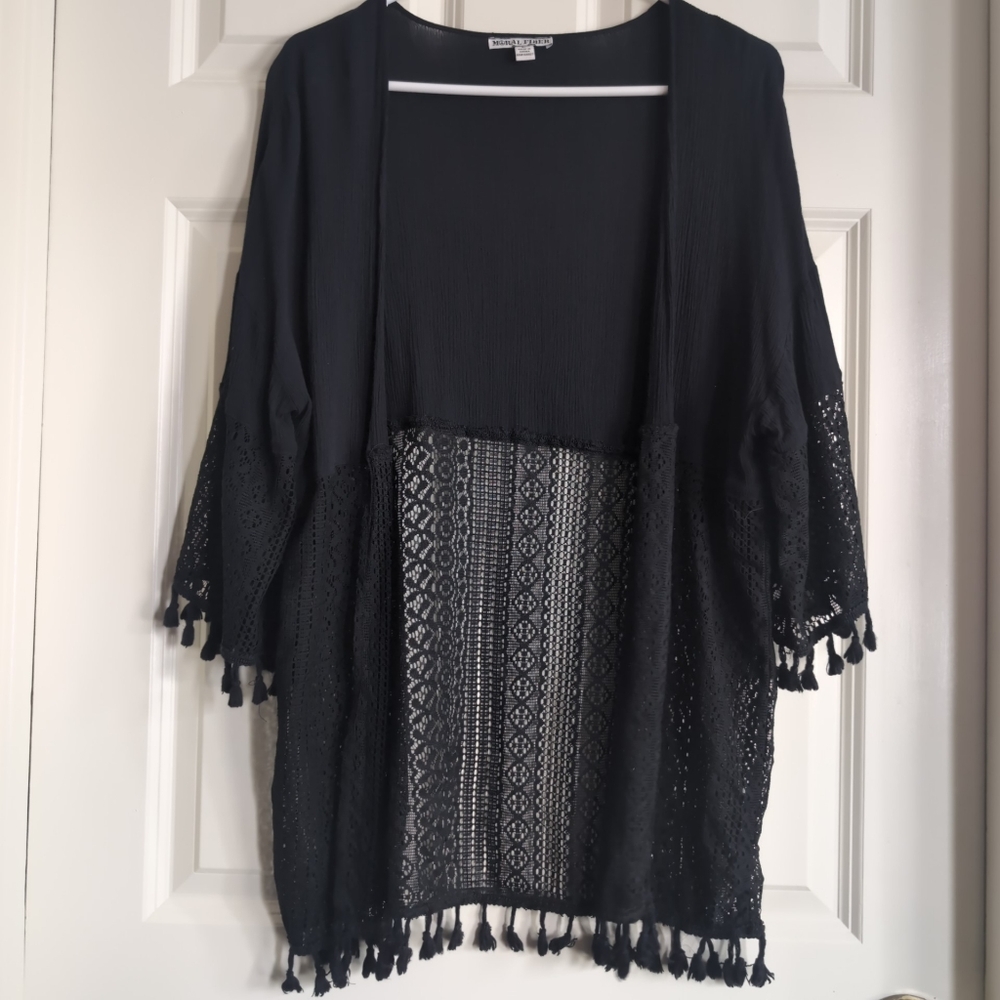 Black lace kimono with tassel fringe